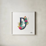Romantic Luxe Monogram D Navy by Janelle Penner. Shown in a crisp white glass frame for a clean and minimalist style. Available as an archival giclee rolled canvas, fine art paper, or poster print. SKU 38274a.
