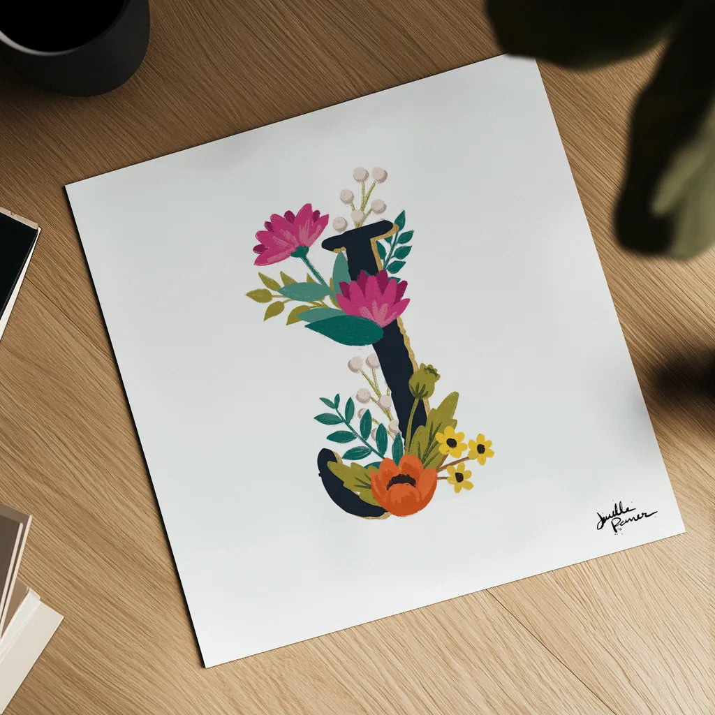 Romantic Luxe Monogram J Black by Janelle Penner. Shown as a detailed flat fine art print, highlighting archival giclee quality. Available as an archival giclee rolled canvas, fine art paper, or poster print. SKU 38236a.