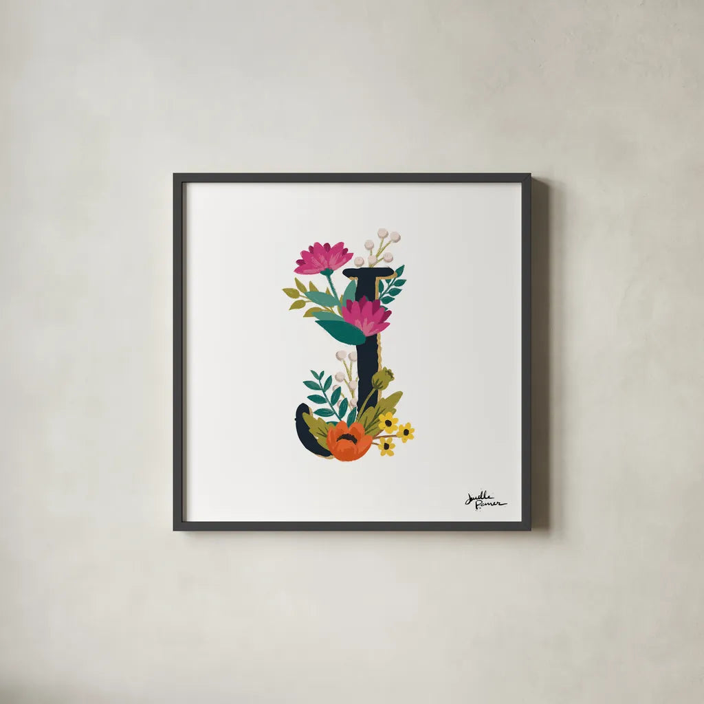 Romantic Luxe Monogram J Black by Janelle Penner. Shown in a sleek black glass frame for a contemporary gallery look. Available as an archival giclee rolled canvas, fine art paper, or poster print. SKU 38236a.