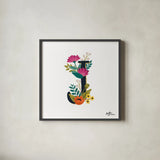 Romantic Luxe Monogram J Black by Janelle Penner. Shown in a sleek black glass frame for a contemporary gallery look. Available as an archival giclee rolled canvas, fine art paper, or poster print. SKU 38236a.