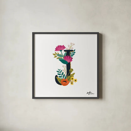 Romantic Luxe Monogram J Black by Janelle Penner. Shown in a sleek black glass frame for a contemporary gallery look. Available as an archival giclee rolled canvas, fine art paper, or poster print. SKU 38236a.