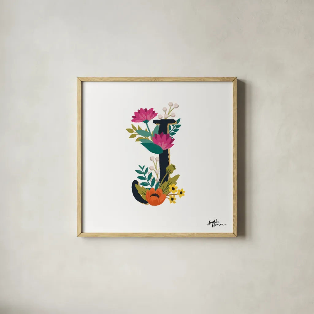 Romantic Luxe Monogram J Black by Janelle Penner. Shown in a natural wood glass frame for a timeless modern aesthetic. Available as an archival giclee rolled canvas, fine art paper, or poster print. SKU 38236a.