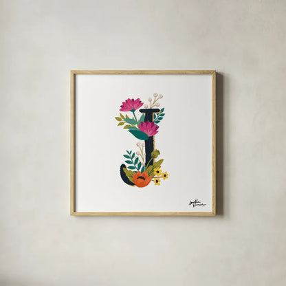 Romantic Luxe Monogram J Black by Janelle Penner. Shown in a natural wood glass frame for a timeless modern aesthetic. Available as an archival giclee rolled canvas, fine art paper, or poster print. SKU 38236a.