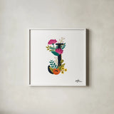 Romantic Luxe Monogram J Black by Janelle Penner. Shown in a crisp white glass frame for a clean and minimalist style. Available as an archival giclee rolled canvas, fine art paper, or poster print. SKU 38236a.