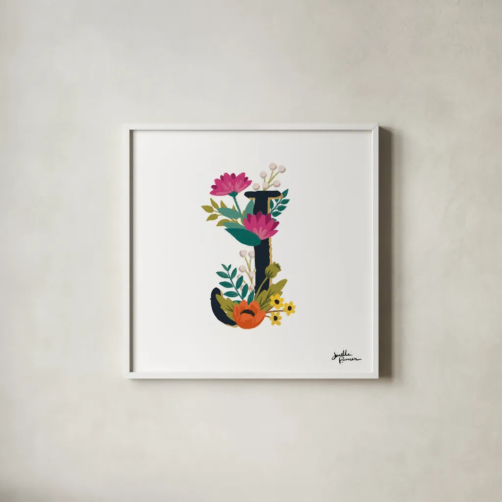 Romantic Luxe Monogram J Black by Janelle Penner. Shown in a crisp white glass frame for a clean and minimalist style. Available as an archival giclee rolled canvas, fine art paper, or poster print. SKU 38236a.