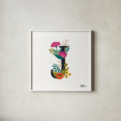 Romantic Luxe Monogram J Black by Janelle Penner. Shown in a crisp white glass frame for a clean and minimalist style. Available as an archival giclee rolled canvas, fine art paper, or poster print. SKU 38236a.