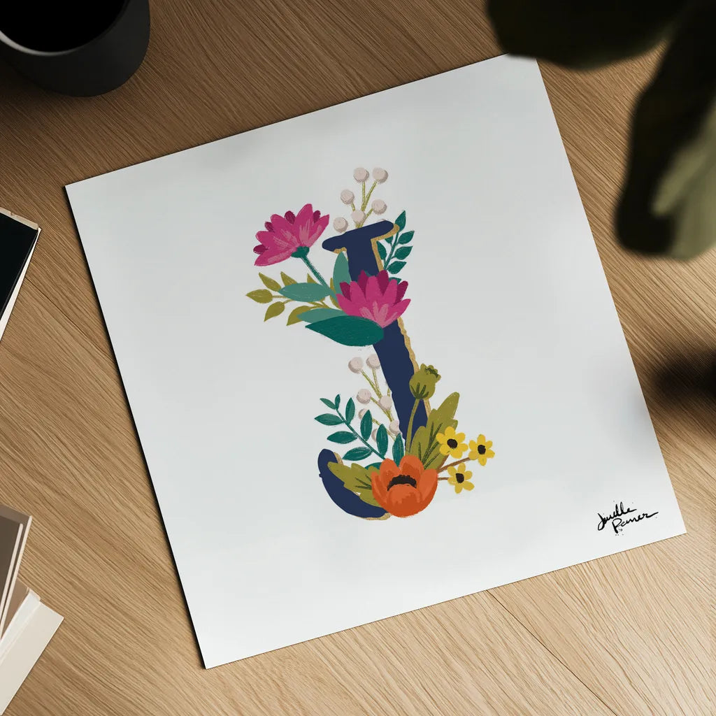 Romantic Luxe Monogram J Navy by Janelle Penner. Shown as a detailed flat fine art print, highlighting archival giclee quality. Available as an archival giclee rolled canvas, fine art paper, or poster print. SKU 38275a.