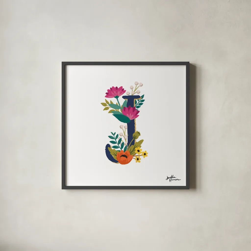 Romantic Luxe Monogram J Navy by Janelle Penner. Shown in a sleek black glass frame for a contemporary gallery look. Available as an archival giclee rolled canvas, fine art paper, or poster print. SKU 38275a.