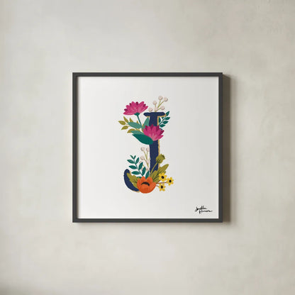 Romantic Luxe Monogram J Navy by Janelle Penner. Shown in a sleek black glass frame for a contemporary gallery look. Available as an archival giclee rolled canvas, fine art paper, or poster print. SKU 38275a.