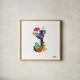 Romantic Luxe Monogram J Navy by Janelle Penner. Shown in a natural wood glass frame for a timeless modern aesthetic. Available as an archival giclee rolled canvas, fine art paper, or poster print. SKU 38275a.