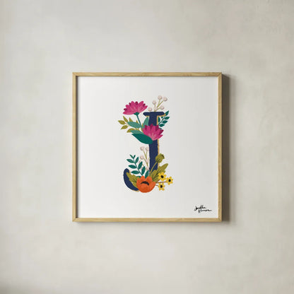 Romantic Luxe Monogram J Navy by Janelle Penner. Shown in a natural wood glass frame for a timeless modern aesthetic. Available as an archival giclee rolled canvas, fine art paper, or poster print. SKU 38275a.