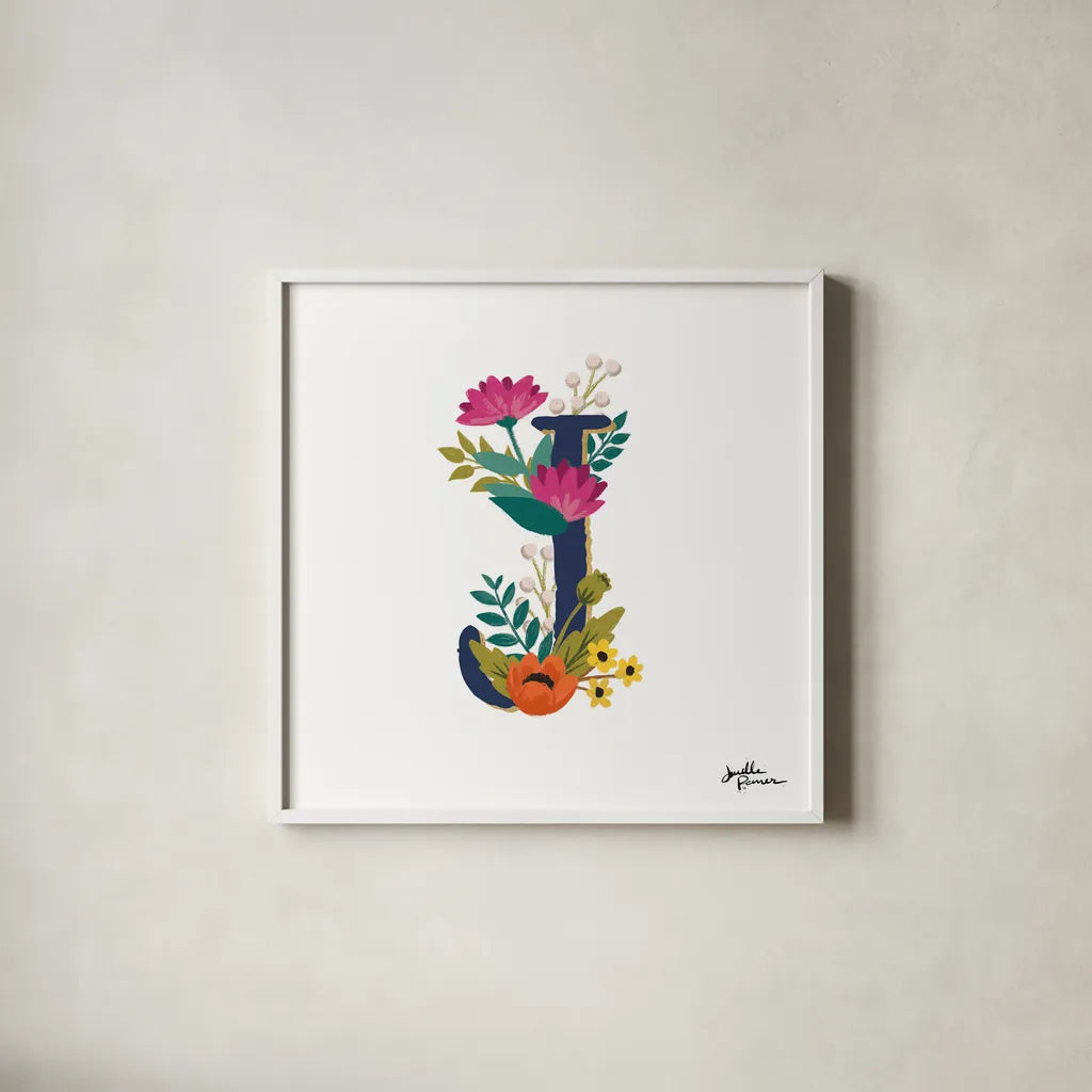 Romantic Luxe Monogram J Navy by Janelle Penner. Shown in a crisp white glass frame for a clean and minimalist style. Available as an archival giclee rolled canvas, fine art paper, or poster print. SKU 38275a.