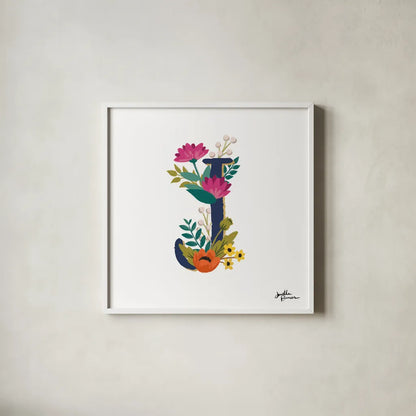 Romantic Luxe Monogram J Navy by Janelle Penner. Shown in a crisp white glass frame for a clean and minimalist style. Available as an archival giclee rolled canvas, fine art paper, or poster print. SKU 38275a.