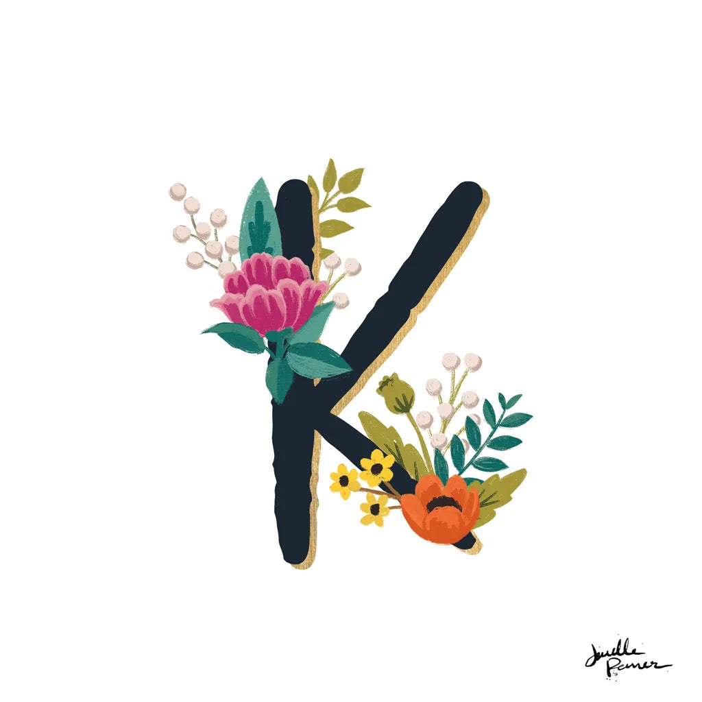 Romantic Luxe Monogram K Black by Janelle Penner. SKU 38237a. Archival Giclee Fine art print for wall decor.