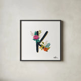 Romantic Luxe Monogram K Black by Janelle Penner. Shown in a sleek black glass frame for a contemporary gallery look. Available as an archival giclee rolled canvas, fine art paper, or poster print. SKU 38237a.