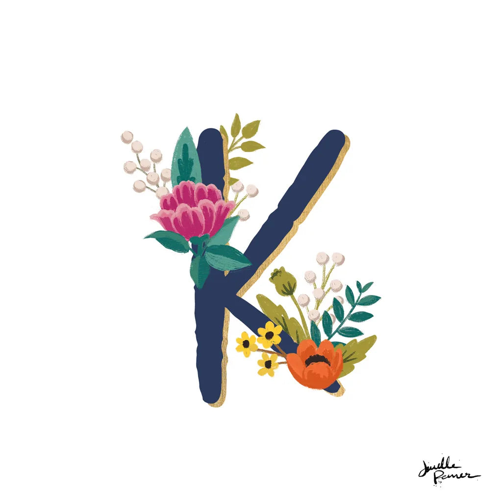 Romantic Luxe Monogram K Navy by Janelle Penner. SKU 38276a. Archival Giclee Fine art print for wall decor.