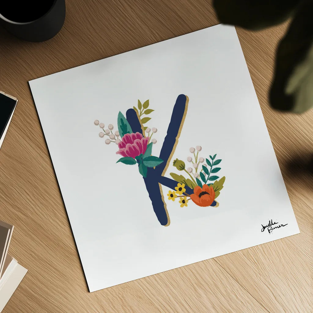 Romantic Luxe Monogram K Navy by Janelle Penner. Shown as a detailed flat fine art print, highlighting archival giclee quality. Available as an archival giclee rolled canvas, fine art paper, or poster print. SKU 38276a.
