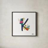 Romantic Luxe Monogram K Navy by Janelle Penner. Shown in a sleek black glass frame for a contemporary gallery look. Available as an archival giclee rolled canvas, fine art paper, or poster print. SKU 38276a.