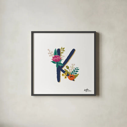 Romantic Luxe Monogram K Navy by Janelle Penner. Shown in a sleek black glass frame for a contemporary gallery look. Available as an archival giclee rolled canvas, fine art paper, or poster print. SKU 38276a.