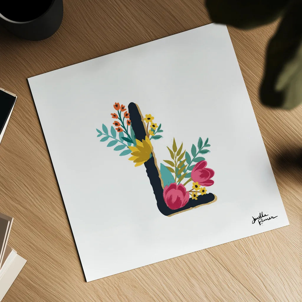 Romantic Luxe Monogram L Black by Janelle Penner. Shown as a detailed flat fine art print, highlighting archival giclee quality. Available as an archival giclee rolled canvas, fine art paper, or poster print. SKU 38238a.