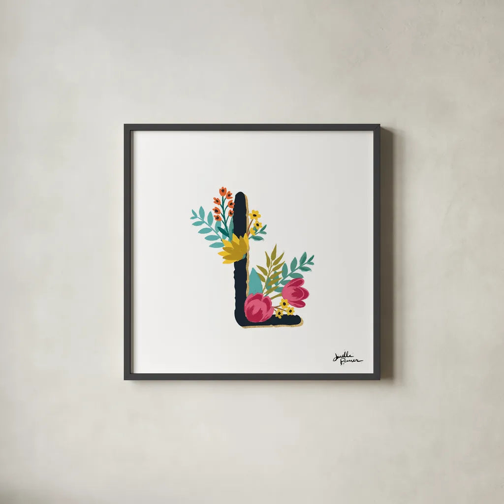 Romantic Luxe Monogram L Black by Janelle Penner. Shown in a sleek black glass frame for a contemporary gallery look. Available as an archival giclee rolled canvas, fine art paper, or poster print. SKU 38238a.