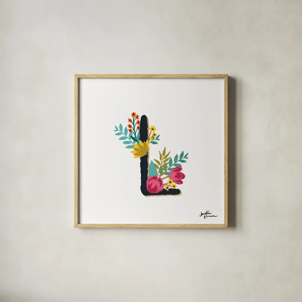 Romantic Luxe Monogram L Black by Janelle Penner. Shown in a natural wood glass frame for a timeless modern aesthetic. Available as an archival giclee rolled canvas, fine art paper, or poster print. SKU 38238a.