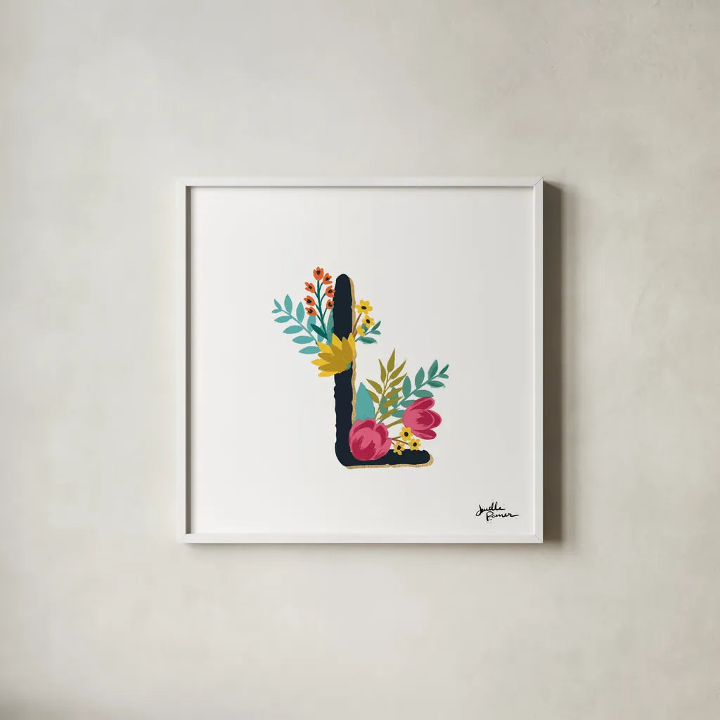 Romantic Luxe Monogram L Black by Janelle Penner. Shown in a crisp white glass frame for a clean and minimalist style. Available as an archival giclee rolled canvas, fine art paper, or poster print. SKU 38238a.