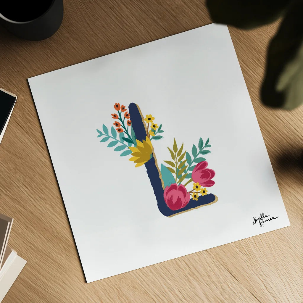 Romantic Luxe Monogram L Navy by Janelle Penner. Shown as a detailed flat fine art print, highlighting archival giclee quality. Available as an archival giclee rolled canvas, fine art paper, or poster print. SKU 38277a.