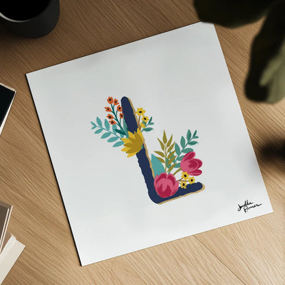 Romantic Luxe Monogram L Navy by Janelle Penner. Shown as a detailed flat fine art print, highlighting archival giclee quality. Available as an archival giclee rolled canvas, fine art paper, or poster print. SKU 38277a.