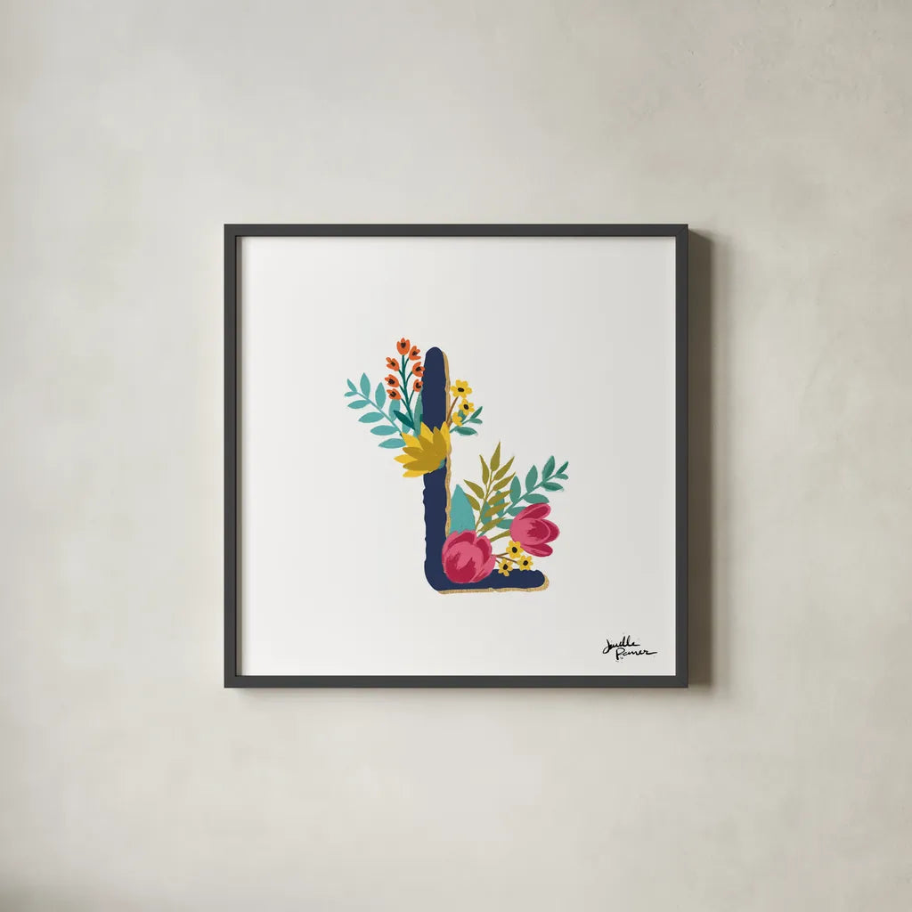 Romantic Luxe Monogram L Navy by Janelle Penner. Shown in a sleek black glass frame for a contemporary gallery look. Available as an archival giclee rolled canvas, fine art paper, or poster print. SKU 38277a.