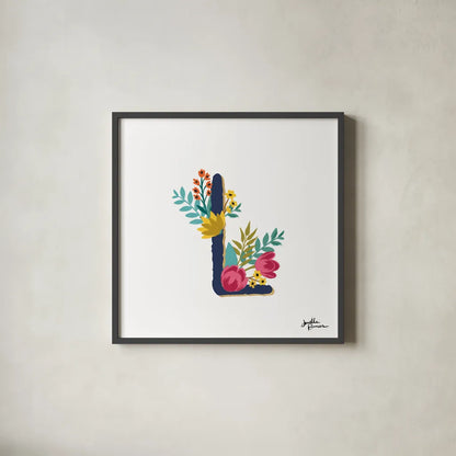 Romantic Luxe Monogram L Navy by Janelle Penner. Shown in a sleek black glass frame for a contemporary gallery look. Available as an archival giclee rolled canvas, fine art paper, or poster print. SKU 38277a.