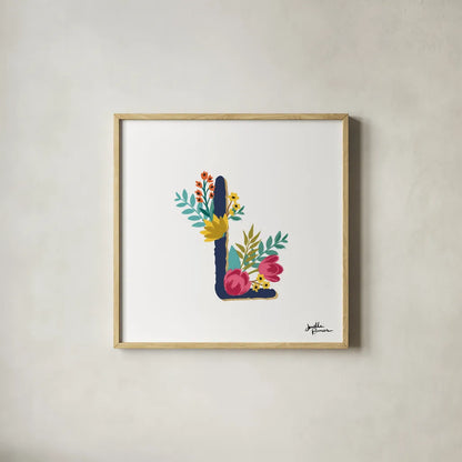 Romantic Luxe Monogram L Navy by Janelle Penner. Shown in a natural wood glass frame for a timeless modern aesthetic. Available as an archival giclee rolled canvas, fine art paper, or poster print. SKU 38277a.