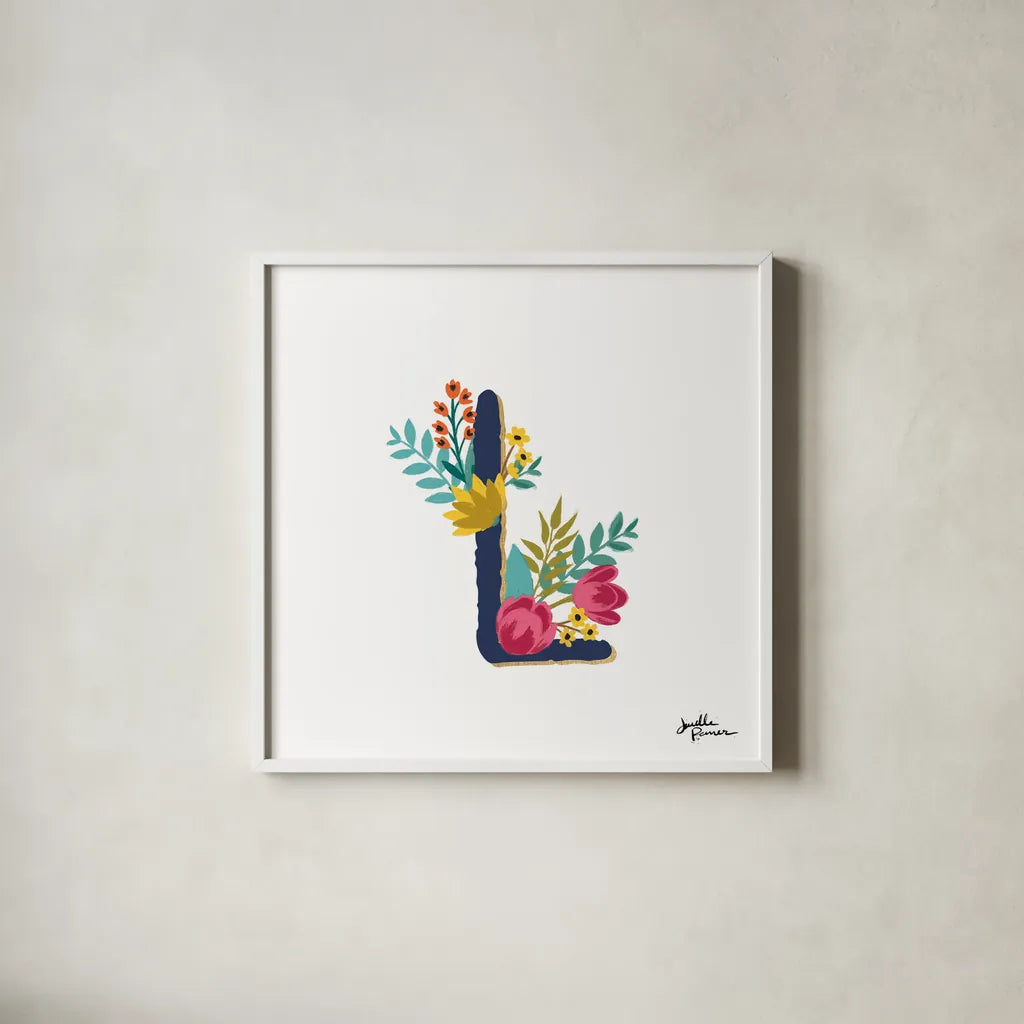 Romantic Luxe Monogram L Navy by Janelle Penner. Shown in a crisp white glass frame for a clean and minimalist style. Available as an archival giclee rolled canvas, fine art paper, or poster print. SKU 38277a.