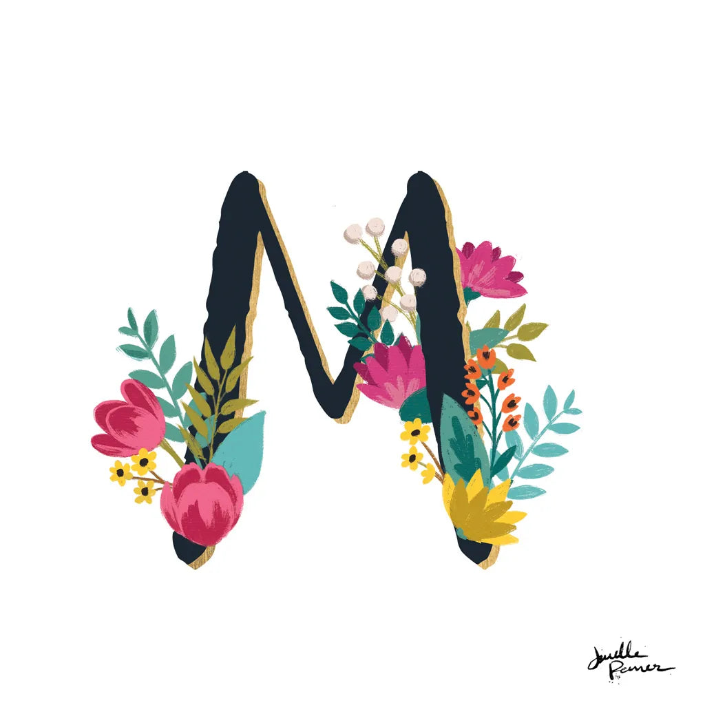 Romantic Luxe Monogram M Black by Janelle Penner. SKU 38239a. Archival Giclee Fine art print for wall decor.