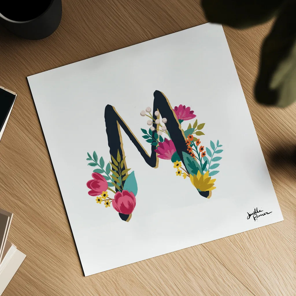 Romantic Luxe Monogram M Black by Janelle Penner. Shown as a detailed flat fine art print, highlighting archival giclee quality. Available as an archival giclee rolled canvas, fine art paper, or poster print. SKU 38239a.