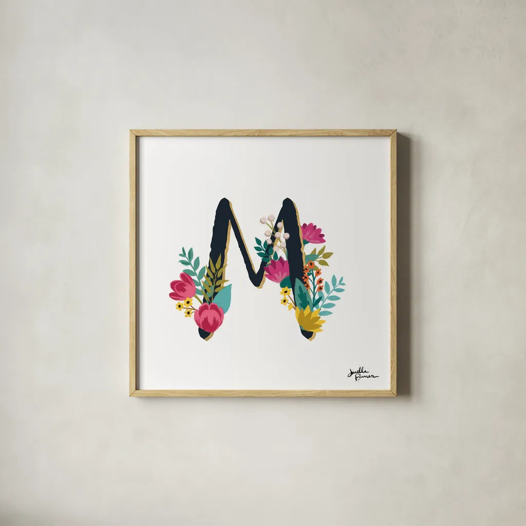 Romantic Luxe Monogram M Black by Janelle Penner. Shown in a natural wood glass frame for a timeless modern aesthetic. Available as an archival giclee rolled canvas, fine art paper, or poster print. SKU 38239a.