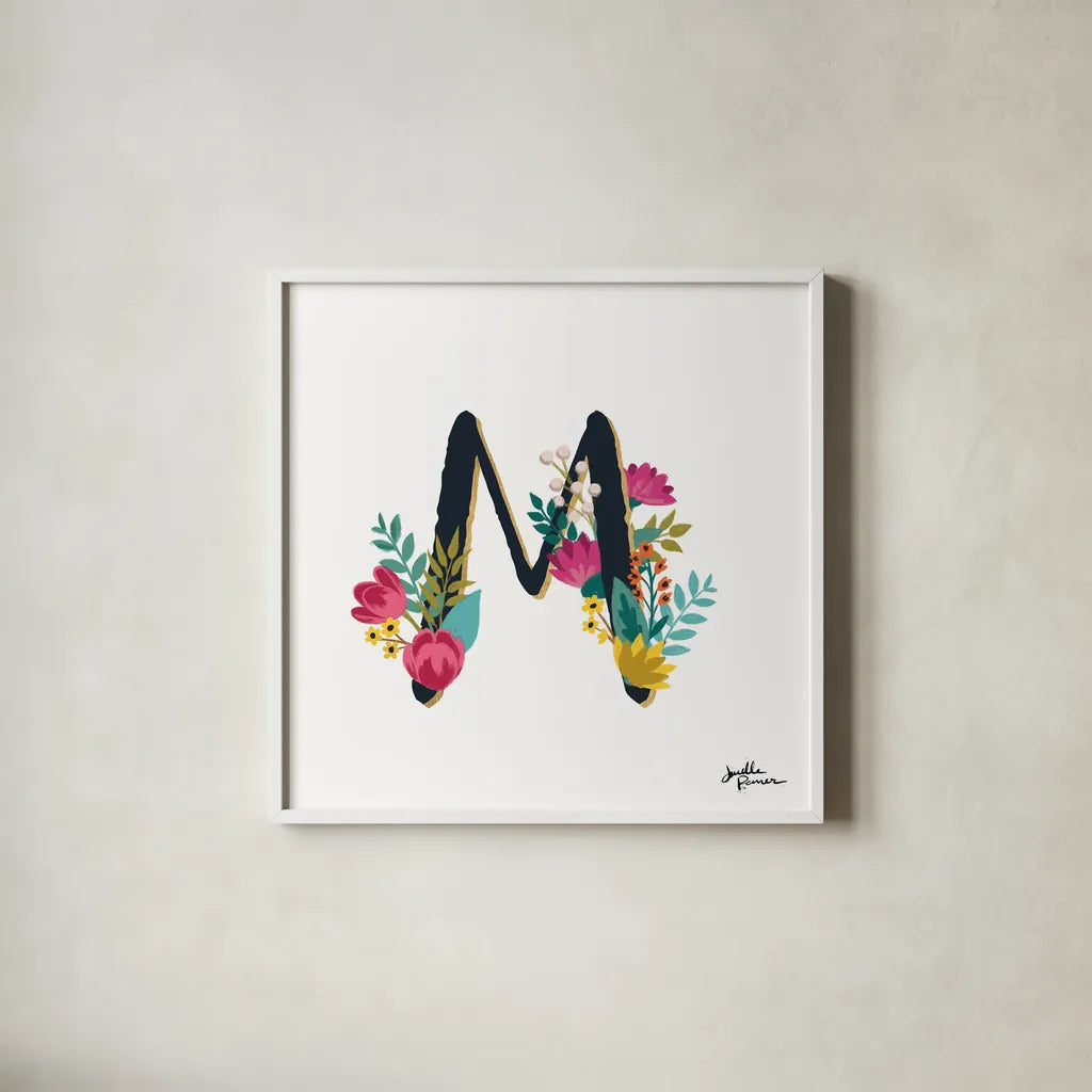 Romantic Luxe Monogram M Black by Janelle Penner. Shown in a crisp white glass frame for a clean and minimalist style. Available as an archival giclee rolled canvas, fine art paper, or poster print. SKU 38239a.