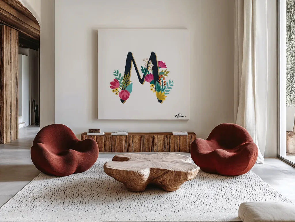 Romantic Luxe Monogram M Black by Janelle Penner. Shown as extra-large giant wall art in a modern living room. Available as an archival giclee rolled canvas, fine art paper, or poster print. SKU 38239a.