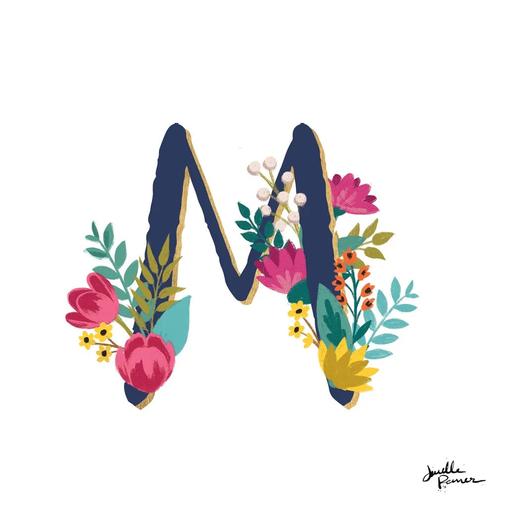 Romantic Luxe Monogram M Navy by Janelle Penner. SKU 38278a. Archival Giclee Fine art print for wall decor.