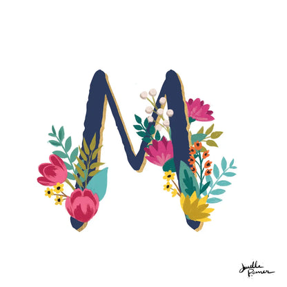 Romantic Luxe Monogram M Navy by Janelle Penner. SKU 38278a. Archival Giclee Fine art print for wall decor.
