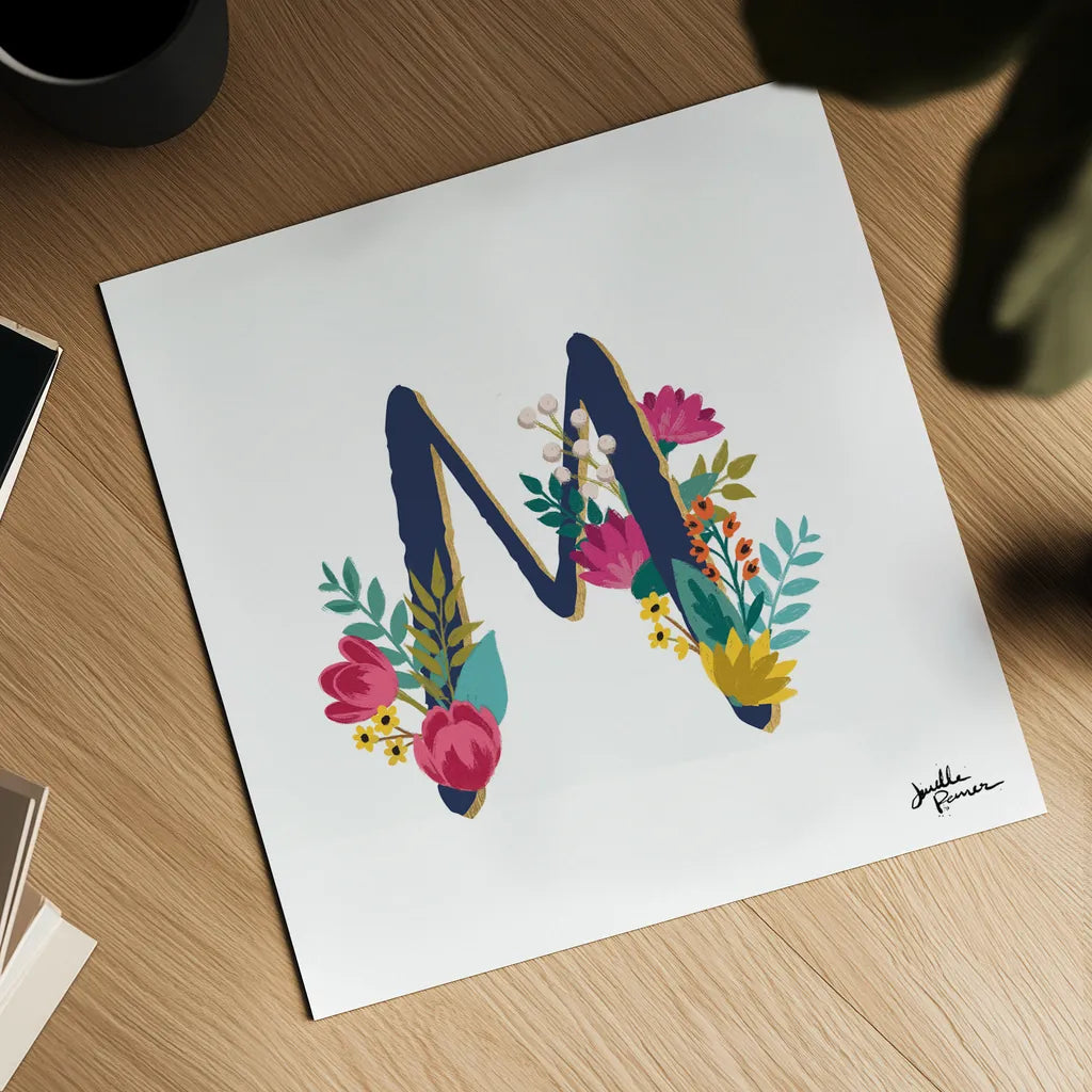 Romantic Luxe Monogram M Navy by Janelle Penner. Shown as a detailed flat fine art print, highlighting archival giclee quality. Available as an archival giclee rolled canvas, fine art paper, or poster print. SKU 38278a.