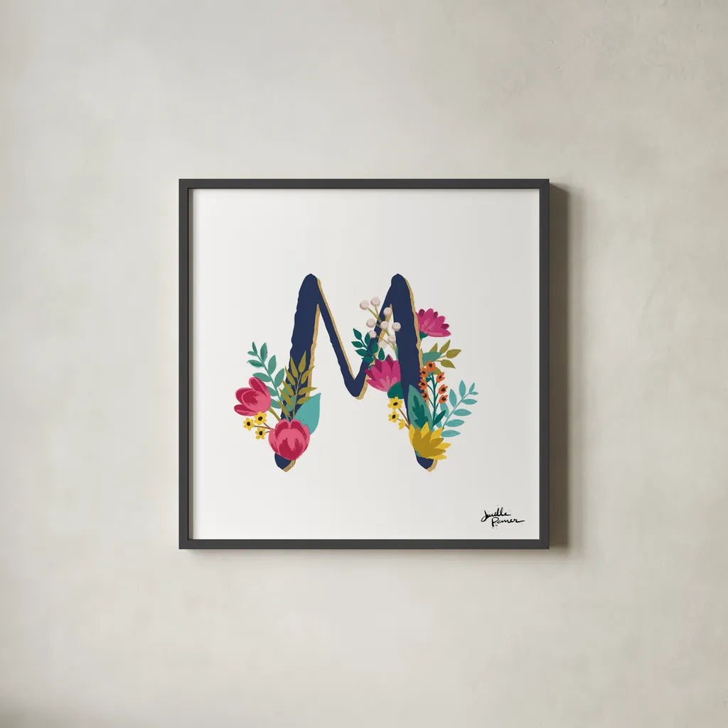 Romantic Luxe Monogram M Navy by Janelle Penner. Shown in a sleek black glass frame for a contemporary gallery look. Available as an archival giclee rolled canvas, fine art paper, or poster print. SKU 38278a.