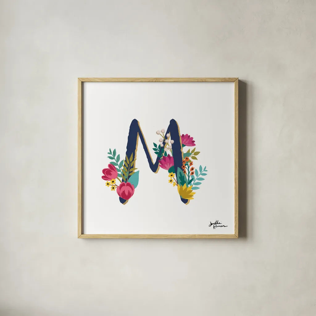 Romantic Luxe Monogram M Navy by Janelle Penner. Shown in a natural wood glass frame for a timeless modern aesthetic. Available as an archival giclee rolled canvas, fine art paper, or poster print. SKU 38278a.