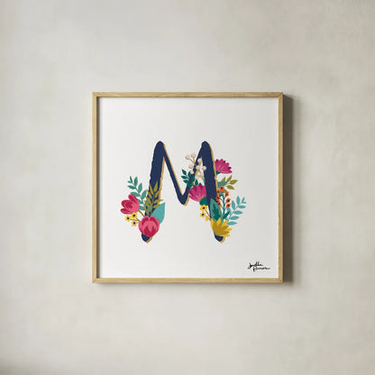 Romantic Luxe Monogram M Navy by Janelle Penner. Shown in a natural wood glass frame for a timeless modern aesthetic. Available as an archival giclee rolled canvas, fine art paper, or poster print. SKU 38278a.
