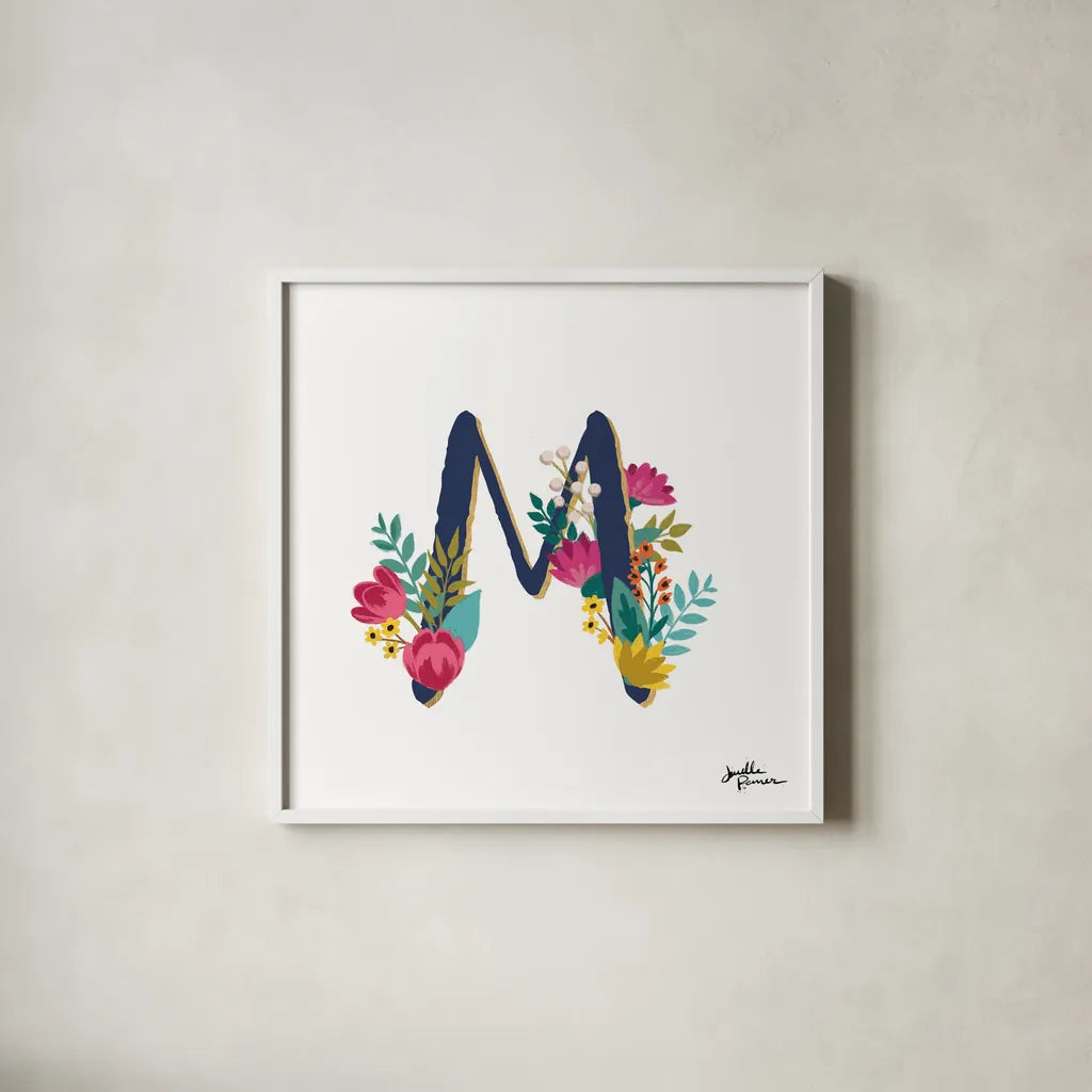 Romantic Luxe Monogram M Navy by Janelle Penner. Shown in a crisp white glass frame for a clean and minimalist style. Available as an archival giclee rolled canvas, fine art paper, or poster print. SKU 38278a.