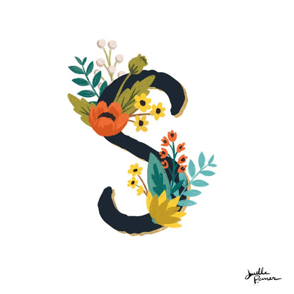 Romantic Luxe Monogram S Black by Janelle Penner. SKU 38240a. Archival Giclee Fine art print for wall decor.