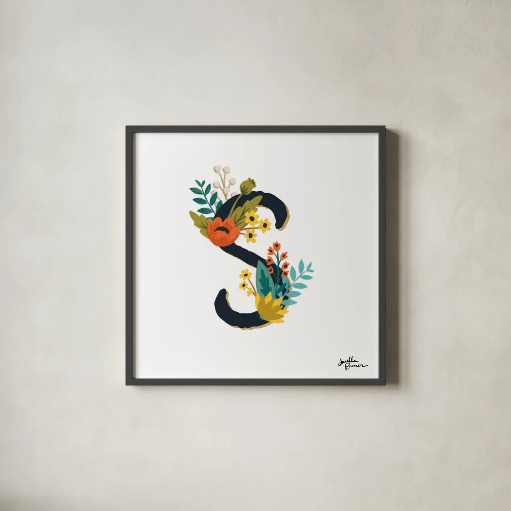 Romantic Luxe Monogram S Black by Janelle Penner. Shown in a sleek black glass frame for a contemporary gallery look. Available as an archival giclee rolled canvas, fine art paper, or poster print. SKU 38240a.