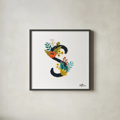 Romantic Luxe Monogram S Black by Janelle Penner. Shown in a sleek black glass frame for a contemporary gallery look. Available as an archival giclee rolled canvas, fine art paper, or poster print. SKU 38240a.