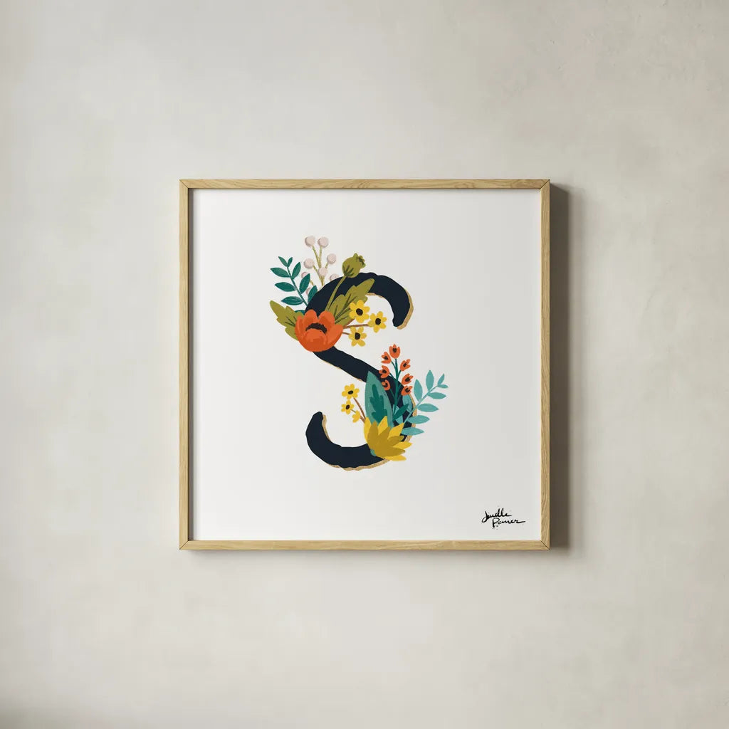 Romantic Luxe Monogram S Black by Janelle Penner. Shown in a natural wood glass frame for a timeless modern aesthetic. Available as an archival giclee rolled canvas, fine art paper, or poster print. SKU 38240a.