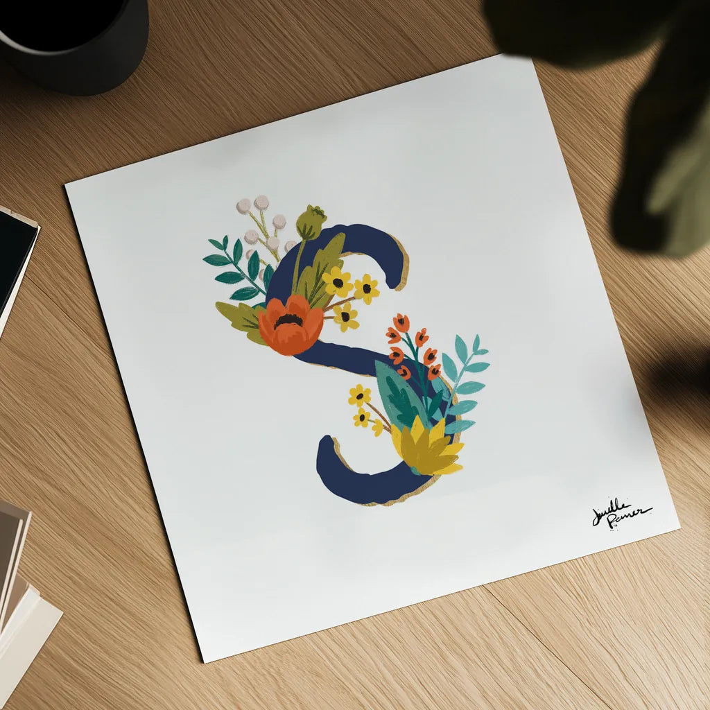 Romantic Luxe Monogram S Navy by Janelle Penner. Shown as a detailed flat fine art print, highlighting archival giclee quality. Available as an archival giclee rolled canvas, fine art paper, or poster print. SKU 38279a.